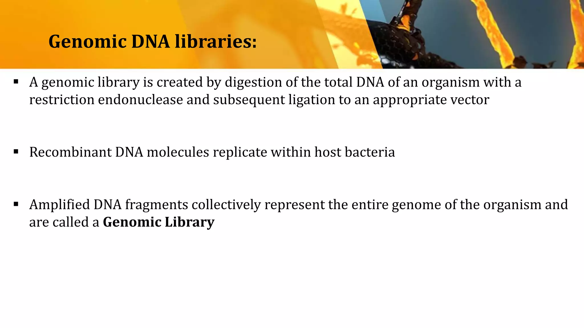  A genomic library is created by digestion of the total DNA of an organism with a
restriction endonuclease and subsequent ligation to an appropriate vector
 Recombinant DNA molecules replicate within host bacteria
 Amplified DNA fragments collectively represent the entire genome of the organism and
are called a Genomic Library
Genomic DNA libraries:
 