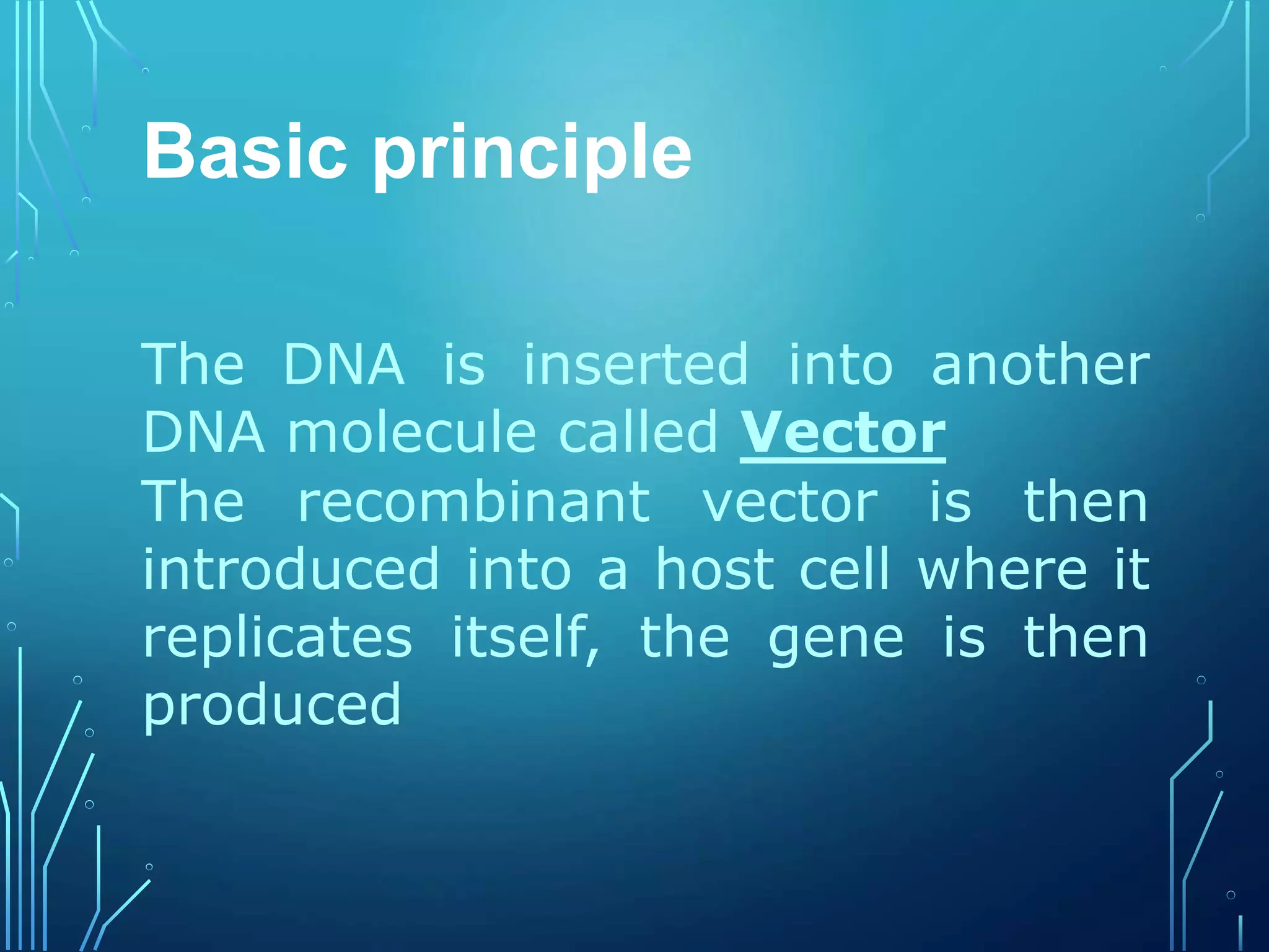 Basic principle
The DNA is inserted into another
DNA molecule called Vector
The recombinant vector is then
introduced into a host cell where it
replicates itself, the gene is then
produced
 