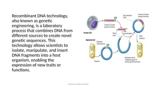 Gudladona Raghava Ravali
Recombinant DNA technology,
also known as genetic
engineering, is a laboratory
process that combines DNA from
different sources to create novel
genetic sequences. This
technology allows scientists to
isolate, manipulate, and insert
DNA fragments into a host
organism, enabling the
expression of new traits or
functions.
 