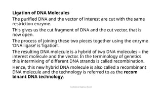 Gudladona Raghava Ravali
Ligation of DNA Molecules
The purified DNA and the vector of interest are cut with the same
restriction enzyme.
This gives us the cut fragment of DNA and the cut vector, that is
now open.
The process of joining these two pieces together using the enzyme
‘DNA ligase’ is ‘ligation’.
The result­
ing DNA molecule is a hybrid of two DNA molecules – the
interest molecule and the vector. In the ter­
minology of genetics
this intermixing of dif­f
erent DNA strands is called recombination.
Hence, this new hybrid DNA molecule is also called a recombinant
DNA molecule and the technology is referred to as the recom­
binant DNA technology.
 