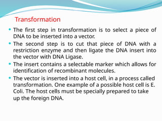 Transformation
 The first step in transformation is to select a piece of
DNA to be inserted into a vector.
 The second step is to cut that piece of DNA with a
restriction enzyme and then ligate the DNA insert into
the vector with DNA Ligase.
 The insert contains a selectable marker which allows for
identification of recombinant molecules.
 The vector is inserted into a host cell, in a process called
transformation. One example of a possible host cell is E.
Coli. The host cells must be specially prepared to take
up the foreign DNA.
 