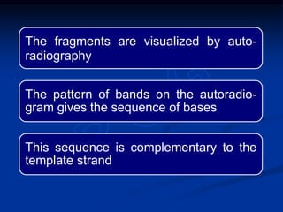 The fragments are visualized by auto-
radiography
The pattern of bands on the autoradio-
gram gives the sequence of bases
This sequence is complementary to the
template strand
 