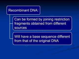 Recombinant DNA:
Can be formed by joining restriction
fragments obtained from different
sources
Will have a base sequence different
from that of the original DNA
 
