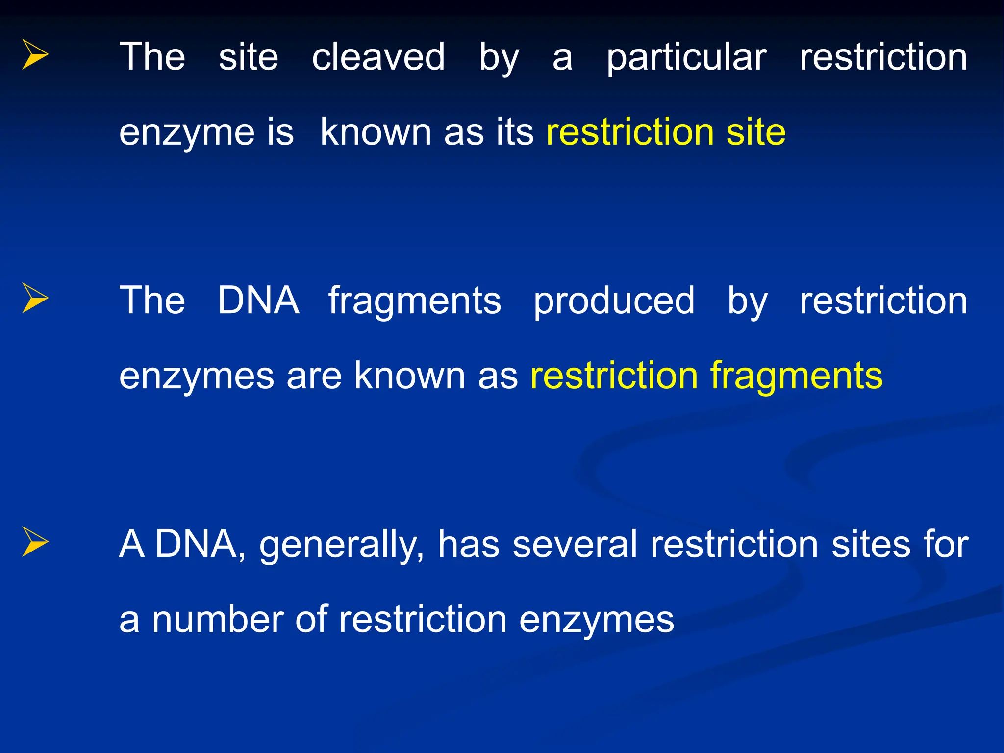  The site cleaved by a particular restriction
enzyme is known as its restriction site
 The DNA fragments produced by restriction
enzymes are known as restriction fragments
 A DNA, generally, has several restriction sites for
a number of restriction enzymes
 