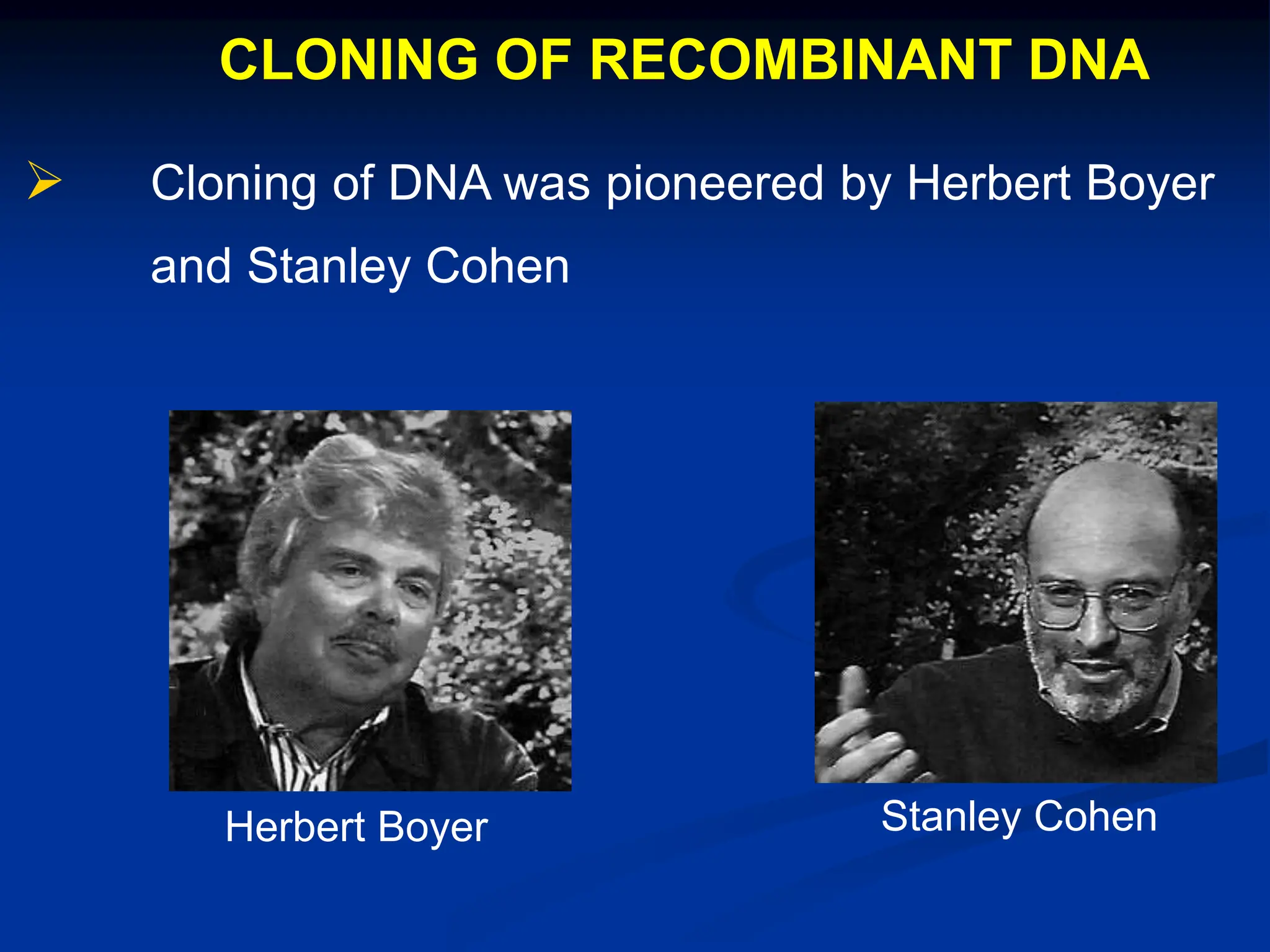 CLONING OF RECOMBINANT DNA
 Cloning of DNA was pioneered by Herbert Boyer
and Stanley Cohen
Herbert Boyer Stanley Cohen
 