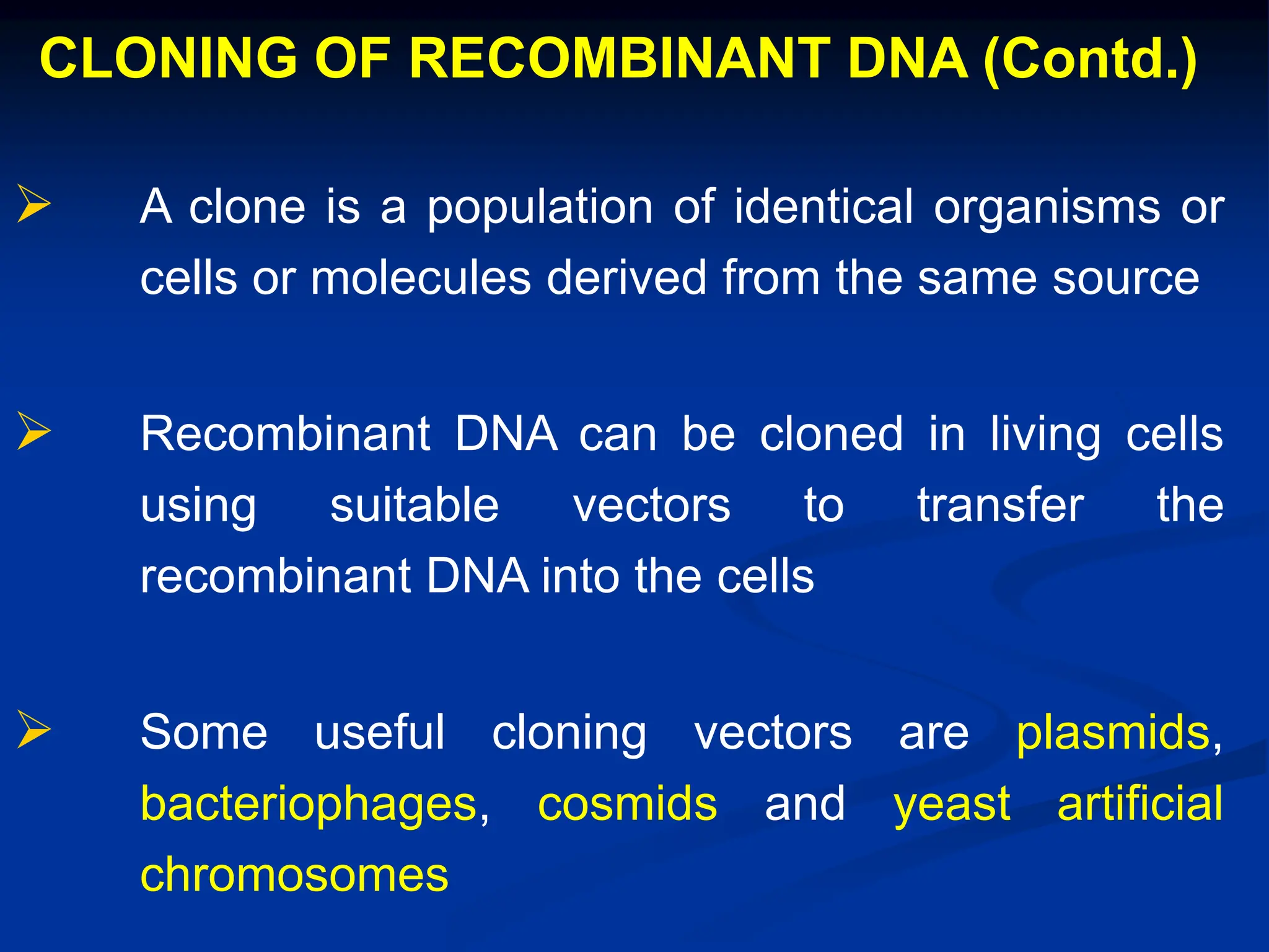 CLONING OF RECOMBINANT DNA (Contd.)
 A clone is a population of identical organisms or
cells or molecules derived from the same source
 Recombinant DNA can be cloned in living cells
using suitable vectors to transfer the
recombinant DNA into the cells
 Some useful cloning vectors are plasmids,
bacteriophages, cosmids and yeast artificial
chromosomes
 
