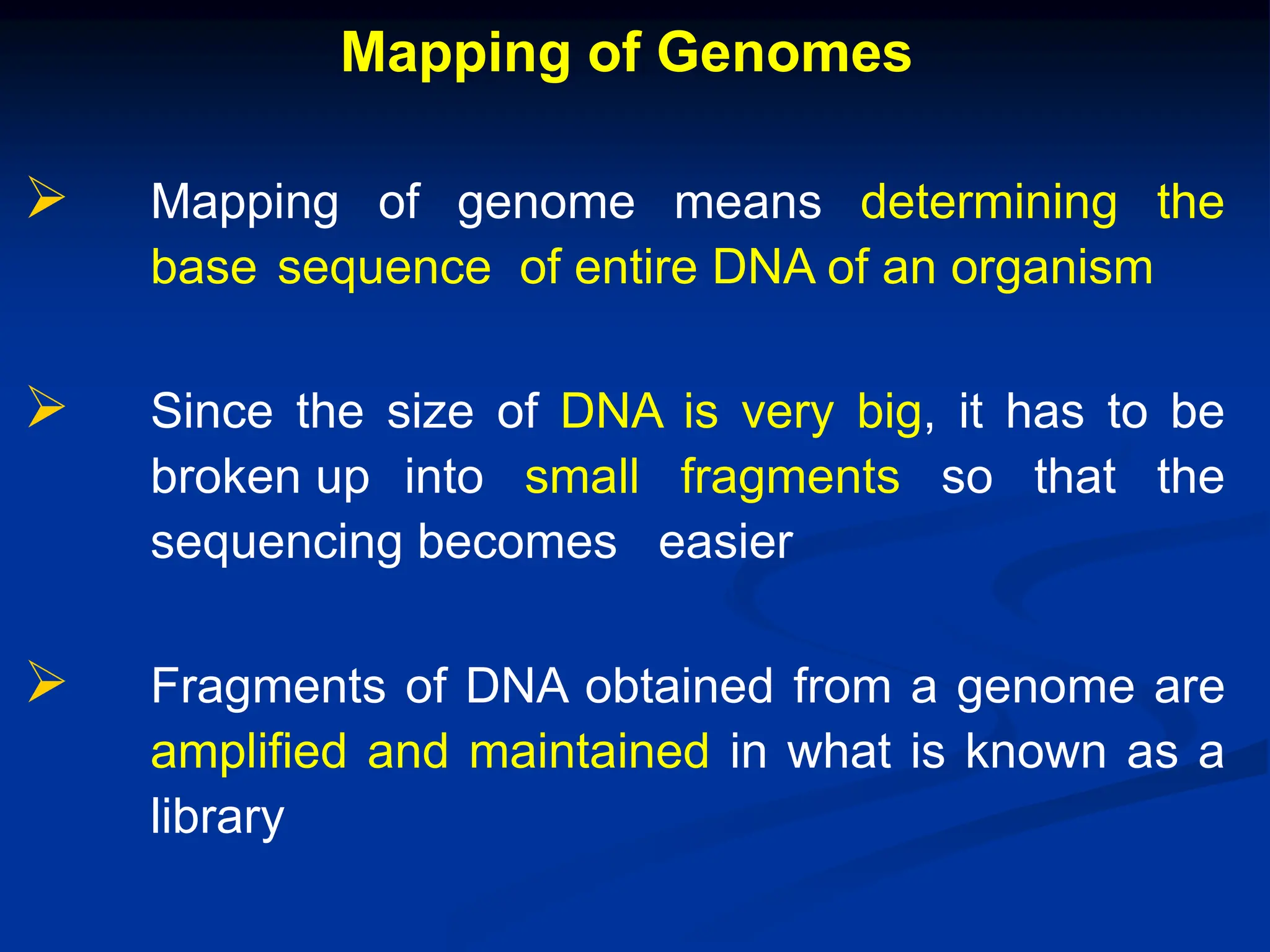 Mapping of Genomes
 Mapping of genome means determining the
base sequence of entire DNA of an organism
 Since the size of DNA is very big, it has to be
broken up into small fragments so that the
sequencing becomes easier
 Fragments of DNA obtained from a genome are
amplified and maintained in what is known as a
library
 