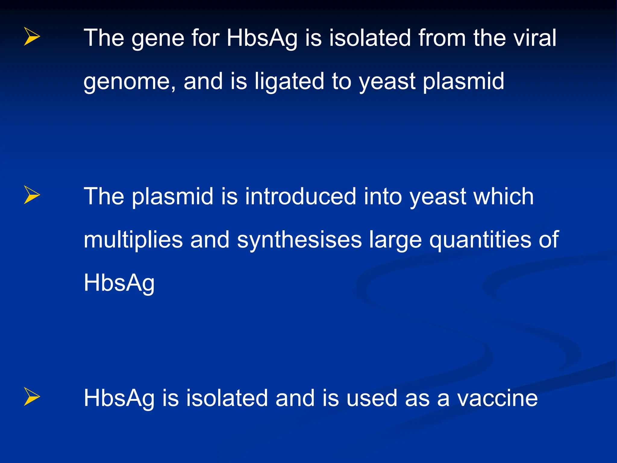  The gene for HbsAg is isolated from the viral
genome, and is ligated to yeast plasmid
 The plasmid is introduced into yeast which
multiplies and synthesises large quantities of
HbsAg
 HbsAg is isolated and is used as a vaccine
 