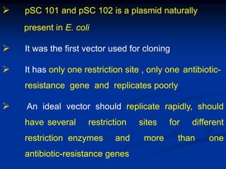  pSC 101 and pSC 102 is a plasmid naturally
present in E. coli
 It was the first vector used for cloning
 It has only one restriction site , only one antibiotic-
resistance gene and replicates poorly
 An ideal vector should replicate rapidly, should
have several restriction sites for different
restriction enzymes and more than one
antibiotic-resistance genes
 