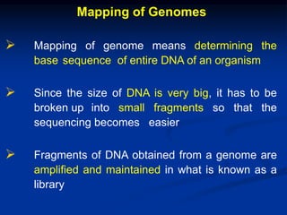 Mapping of Genomes
 Mapping of genome means determining the
base sequence of entire DNA of an organism
 Since the size of DNA is very big, it has to be
broken up into small fragments so that the
sequencing becomes easier
 Fragments of DNA obtained from a genome are
amplified and maintained in what is known as a
library
 