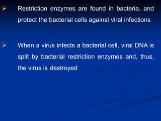  Restriction enzymes are found in bacteria, and
protect the bacterial cells against viral infections
 When a virus infects a bacterial cell, viral DNA is
split by bacterial restriction enzymes and, thus,
the virus is destroyed
 