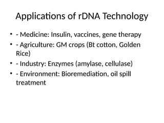 Applications of rDNA Technology
• - Medicine: Insulin, vaccines, gene therapy
• - Agriculture: GM crops (Bt cotton, Golden
Rice)
• - Industry: Enzymes (amylase, cellulase)
• - Environment: Bioremediation, oil spill
treatment
 