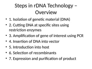 Steps in rDNA Technology –
Overview
• 1. Isolation of genetic material (DNA)
• 2. Cutting DNA at specific sites using
restriction enzymes
• 3. Amplification of gene of interest using PCR
• 4. Insertion of DNA into vector
• 5. Introduction into host
• 6. Selection of recombinants
• 7. Expression and purification of product
 