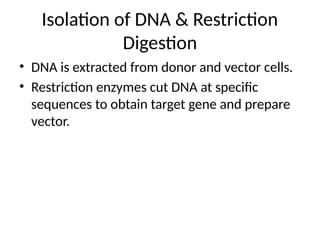 Isolation of DNA & Restriction
Digestion
• DNA is extracted from donor and vector cells.
• Restriction enzymes cut DNA at specific
sequences to obtain target gene and prepare
vector.
 