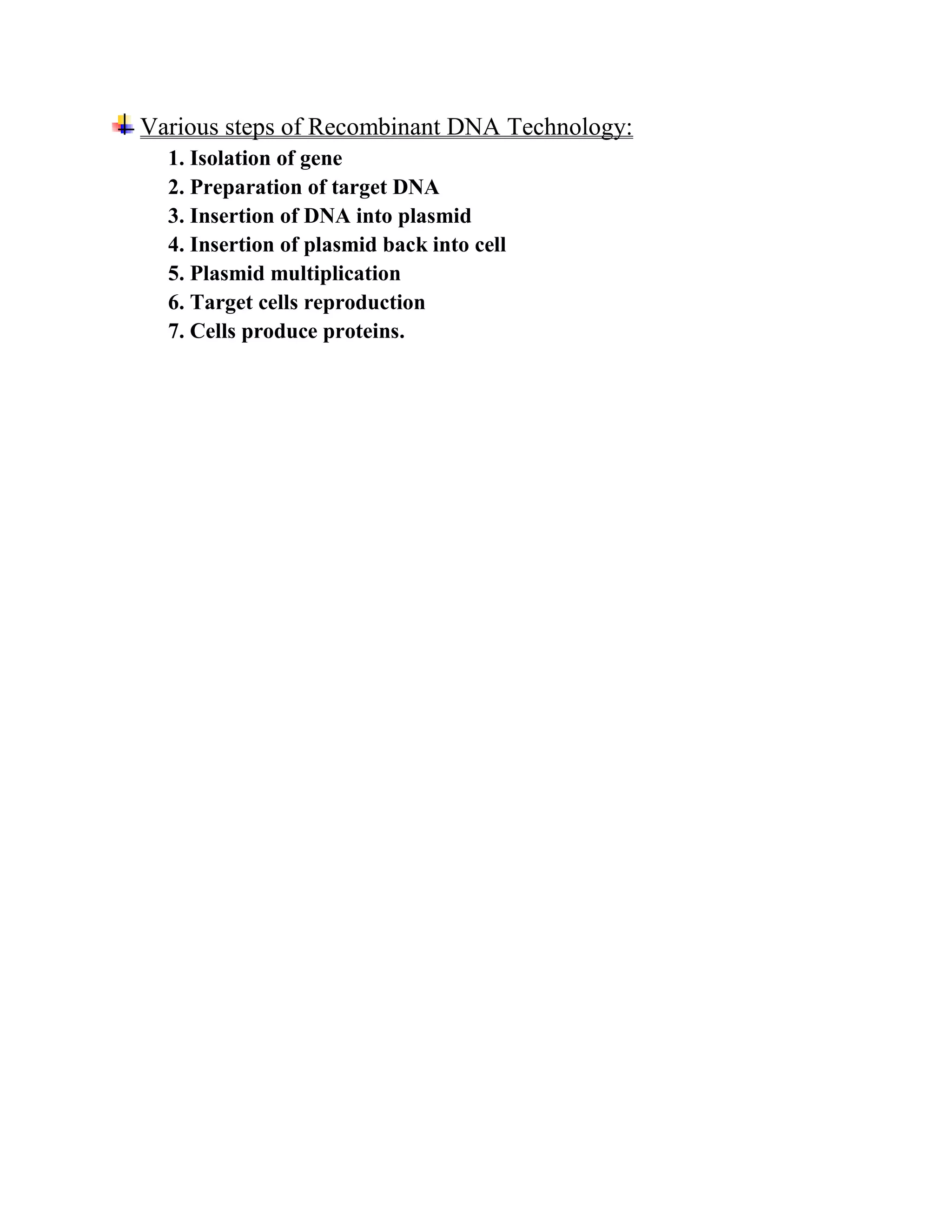 Various steps of Recombinant DNA Technology:
1. Isolation of gene
2. Preparation of target DNA
3. Insertion of DNA into plasmid
4. Insertion of plasmid back into cell
5. Plasmid multiplication
6. Target cells reproduction
7. Cells produce proteins.
 