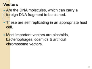Vectors 
 Are the DNA molecules, which can carry a 
foreign DNA fragment to be cloned. 
 These are self replicating in an appropriate host 
cell. 
 Most important vectors are plasmids, 
bacteriophages, cosmids & artificial 
chromosome vectors. 
20 
 
