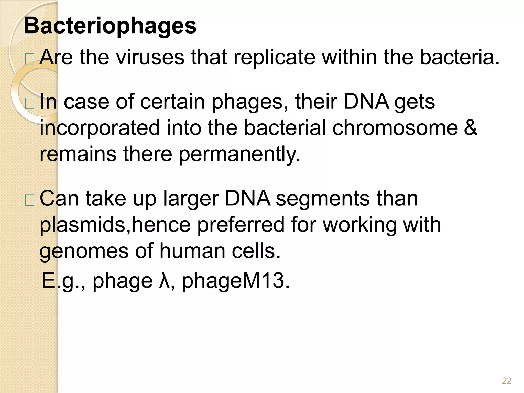Bacteriophages
22
Are the viruses that replicate within the bacteria.
In case of certain phages, their DNA gets
incorporated into the bacterial chromosome &
remains there permanently.
Can take up larger DNA segments than
plasmids,hence preferred for working with
genomes of human cells.
E.g., phage λ, phageM13.
 