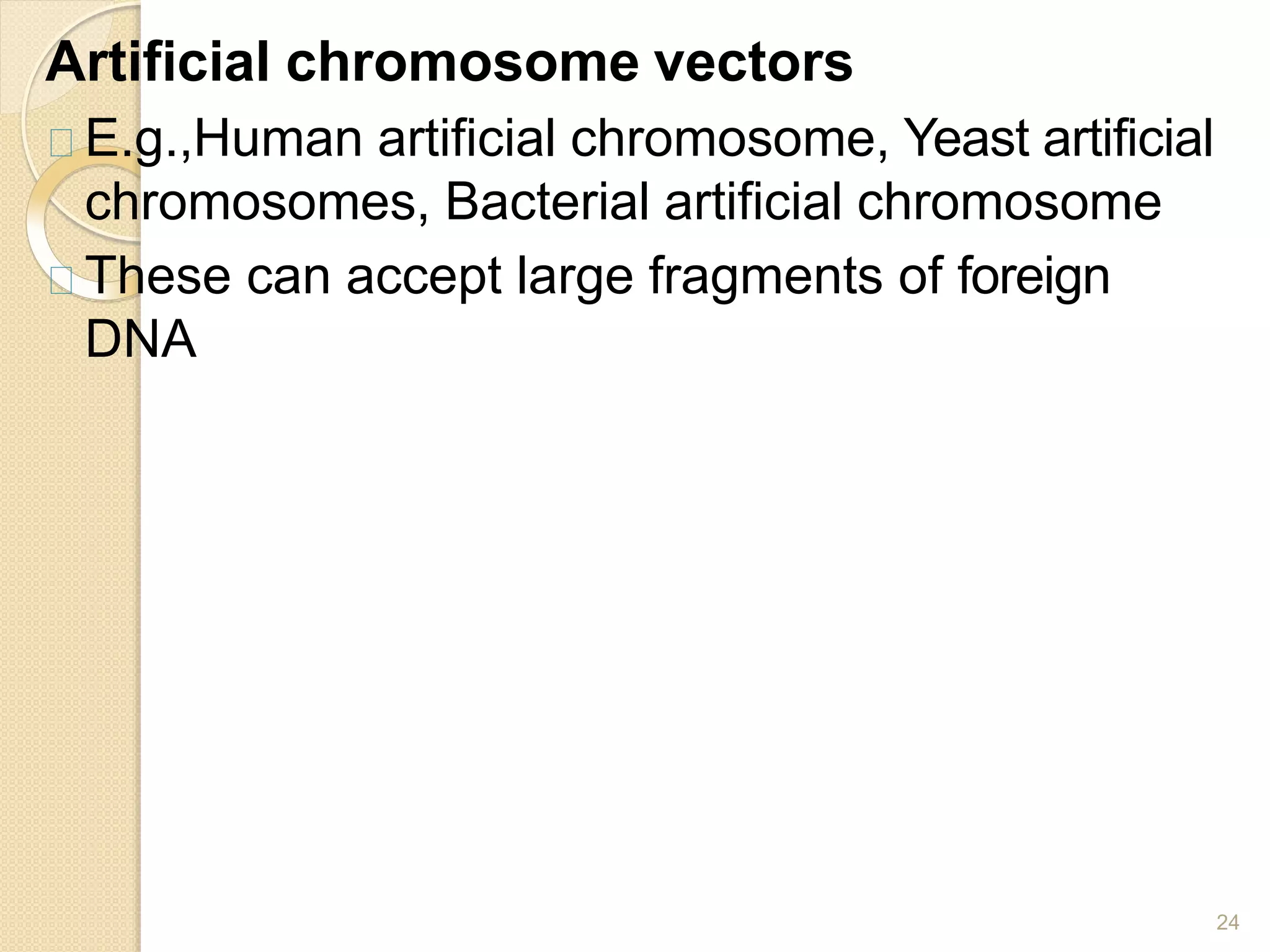 Artificial chromosome vectors
24
E.g.,Human artificial chromosome, Yeast artificial
chromosomes, Bacterial artificial chromosome
These can accept large fragments of foreign
DNA
 