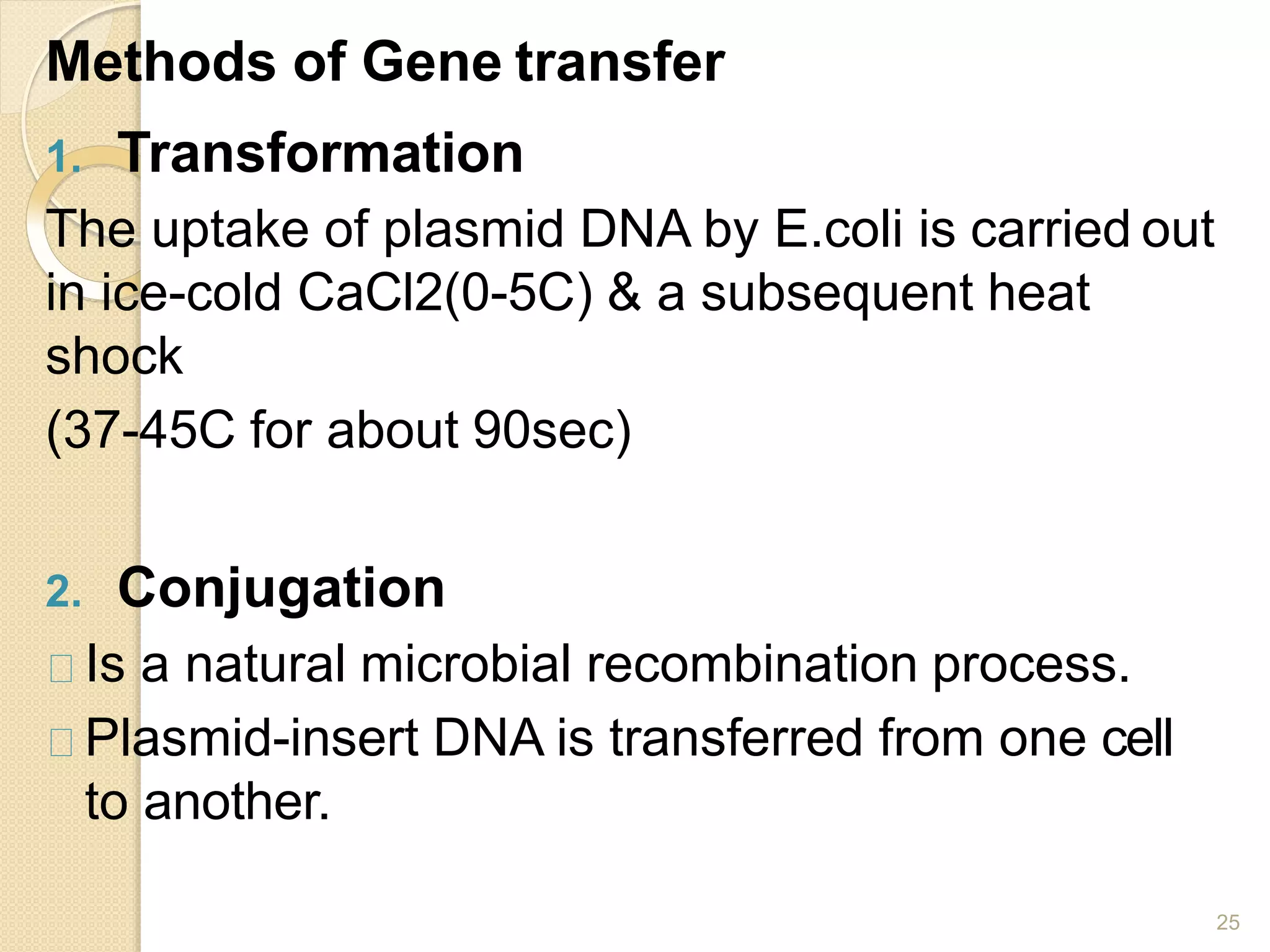 Methods of Gene transfer
25
1. Transformation
The uptake of plasmid DNA by E.coli is carried out
in ice-cold CaCl2(0-5C) & a subsequent heat
shock
(37-45C for about 90sec)
2. Conjugation
Is a natural microbial recombination process.
Plasmid-insert DNA is transferred from one cell
to another.
 