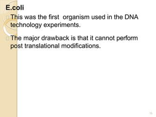 E.coli
15
This was the first organism used in the DNA
technology experiments.
The major drawback is that it cannot perform
post translational modifications.
 