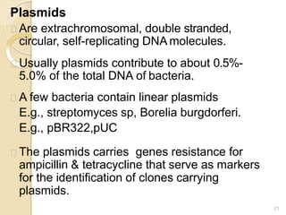 Plasmids
21
Are extrachromosomal, double stranded,
circular, self-replicating DNA molecules.
Usually plasmids contribute to about 0.5%-
5.0% of the total DNA of bacteria.
A few bacteria contain linear plasmids
E.g., streptomyces sp, Borelia burgdorferi.
E.g., pBR322,pUC
The plasmids carries genes resistance for
ampicillin & tetracycline that serve as markers
for the identification of clones carrying
plasmids.
 