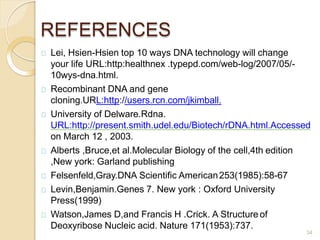 REFERENCES
34
Lei, Hsien-Hsien top 10 ways DNA technology will change
your life URL:http:healthnex .typepd.com/web-log/2007/05/-
10wys-dna.html.
Recombinant DNA and gene
cloning.URL:http://users.rcn.com/jkimball.
University of Delware.Rdna.
URL:http://present.smith.udel.edu/Biotech/rDNA.html.Accessed
on March 12 , 2003.
Alberts ,Bruce,et al.Molecular Biology of the cell,4th edition
,New york: Garland publishing
Felsenfeld,Gray.DNA Scientific American253(1985):58-67
Levin,Benjamin.Genes 7. New york : Oxford University
Press(1999)
Watson,James D,and Francis H .Crick. A Structure of
Deoxyribose Nucleic acid. Nature 171(1953):737.
 