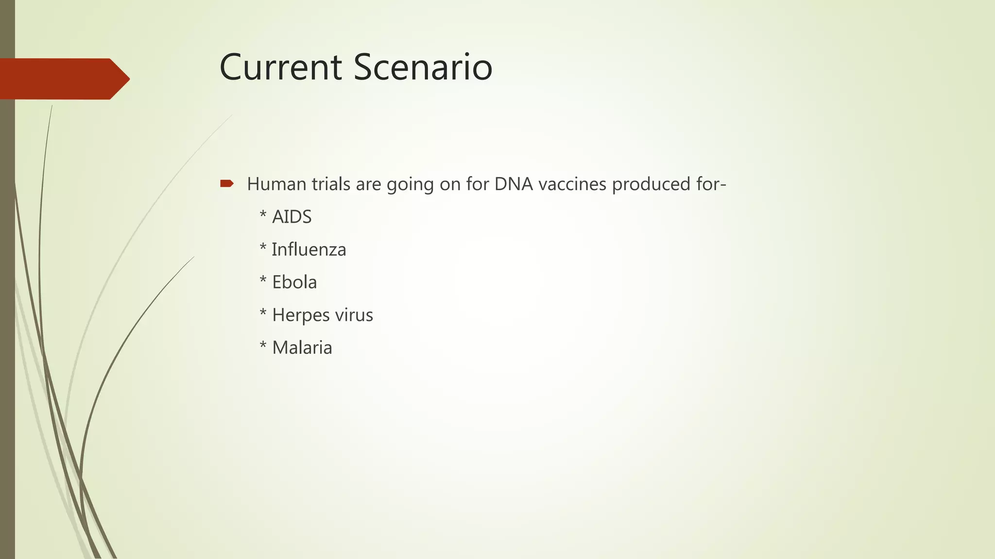 Current Scenario
 Human trials are going on for DNA vaccines produced for-
* AIDS
* Influenza
* Ebola
* Herpes virus
* Malaria
 