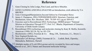 Reference
1. Gene Cloning by Julia Lodge, Pete Lund, and Steve Minchin.
2. GENE CLONING AND DNAANALYSIS an Introduction, sixth edition by T.A.
BROWN
3. Gene CloningandManipulation,Second Edition by Christopher Howe
4. James J. Champoux, DNA TOPOISOMERASES: Structure, Function, and
Mechanism; Annu. Rev. Biochem. 2001. 70:369–413; pg.no 369-413
5. Enzymes used in Recombinant DNA Technology; MHRD project “National
Mission on Education Through ICT”; Prof. S.C. Bhatla; Department of Genetics,
University of Delhi South Campus.
6. Recombinant DNA technology and molecular cloning by Kary B. Mullis, Scientific
American (1990) 262:36. Pg. no 181-234
7. Biochemistry (2002), Freeman & Co. Berg, J.M., Tymoczco, J.L., Stryer, L.
8. New England Biolabs inc.
9. Molecular Cell Biology (2000), Freeman & Co. Lodish, Berk, Zipursky,
Matsudaria, Baltimore, Darnell
10.Multiple modes of E.coli DNA gyrase activity revealed by force and torque;
Marcelo et al., 2013; Nature and structural molecular biology.
 