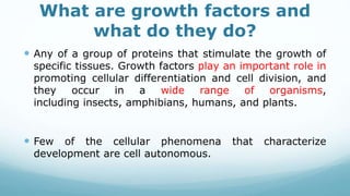 What are growth factors and
what do they do?
 Any of a group of proteins that stimulate the growth of
specific tissues. Growth factors play an important role in
promoting cellular differentiation and cell division, and
they occur in a wide range of organisms,
including insects, amphibians, humans, and plants.
 Few of the cellular phenomena that characterize
development are cell autonomous.
 