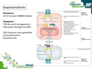 Ipoparatiroidismo
Prevalenza:
23-37 casi per 100000 individui
Patogenesi:
75% dei casi è conseguente a
intervento chirurgico sul collo
25% riconosce cause genetiche
e/o da distruzione
(autoimmune)
 