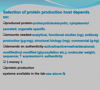 Selection of protein production host depends  on: produced protein- prokaryotic/eukaryotic; cytoplasmic/ secreted; organelle specific amounts needed- analytical, functional studies (ng); antibody production (  g-mg); structural biology (mg); commercial (g-kg)  demands on authenticity- active/inactive=native/denatured; modified/not modified (glycosylation etc.); molecular weight; sequence;    expression=   authenticity $  money  $ protein production  systems available in the lab- see above   