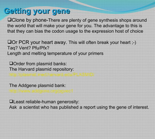 Clone by phone- There are plenty of gene synthesis shops around the world that will make your gene for you. The advantage to this is that they can bias the codon usage to the expression host of choice Or PCR your heart away.  This will often break your heart ;-) Taq? Vent? Pfu/Pfx? Length and melting temperature of your primers Order from plasmid banks: The Harvard plasmid repository: http://plasmid.med.harvard.edu/PLASMID/ The Addgene plasmid bank: http://www.addgene.org/pgvec1 Least reliable-human generosity: Ask  a scientist who has published a report using the gene of interest. Getting your gene 