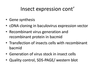 Insect expression cont’
• Gene synthesis
• cDNA cloning in baculovirus expression vector
• Recombinant virus generation and
  recombinant protein in bacmid
• Transfection of insects cells with recombinant
  bacmid
• Generation of virus stock in insect cells
• Quality control, SDS-PAGE/ western blot
 