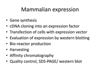 Mammalian expression
•   Gene synthesis
•   cDNA cloning into an expression factor
•   Transfection of cells with expression vector
•   Evaluation of expression by western blotting
•   Bio-reactor production
•   Harvesting
•   Affinity chromatography
•   Quality control, SDS-PAGE/ western blot
 