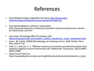 References
•   Artes Biotechnology Langenfeld, Germany, http://www.artes-
    biotechnology.com/expres/hansenula/hansenula01.jsp

•   Dual SystemsBiotech, Schleren, Switzerland.
    http://www.dualsystems.com/products/protein-expression/expression-vectors-
    for-escherichia-coli.html

•   Genscript, the biology GRO, Piscataway, USA.
    http://www.genscript.com/custom_protein_baculovirus_insect_expression.html
•   Joan L. &J. Foster (2009) Microbiology, an evolving science. W.W. Norton, New
    York, USA 2nd ed.
•   Park, S. J. and Lee, S. Y., "Efficient recovery of secretory recombinant protein from
    protease negative mutant Eshcherichia coli" Biotechnol. Techniques, 64(12):4897-
    4903 (1998)
•   Tokyo Future Style Inc.
    http://www.tokyofuturestyle.com/english/products/preventec/preventec_t.php
 
