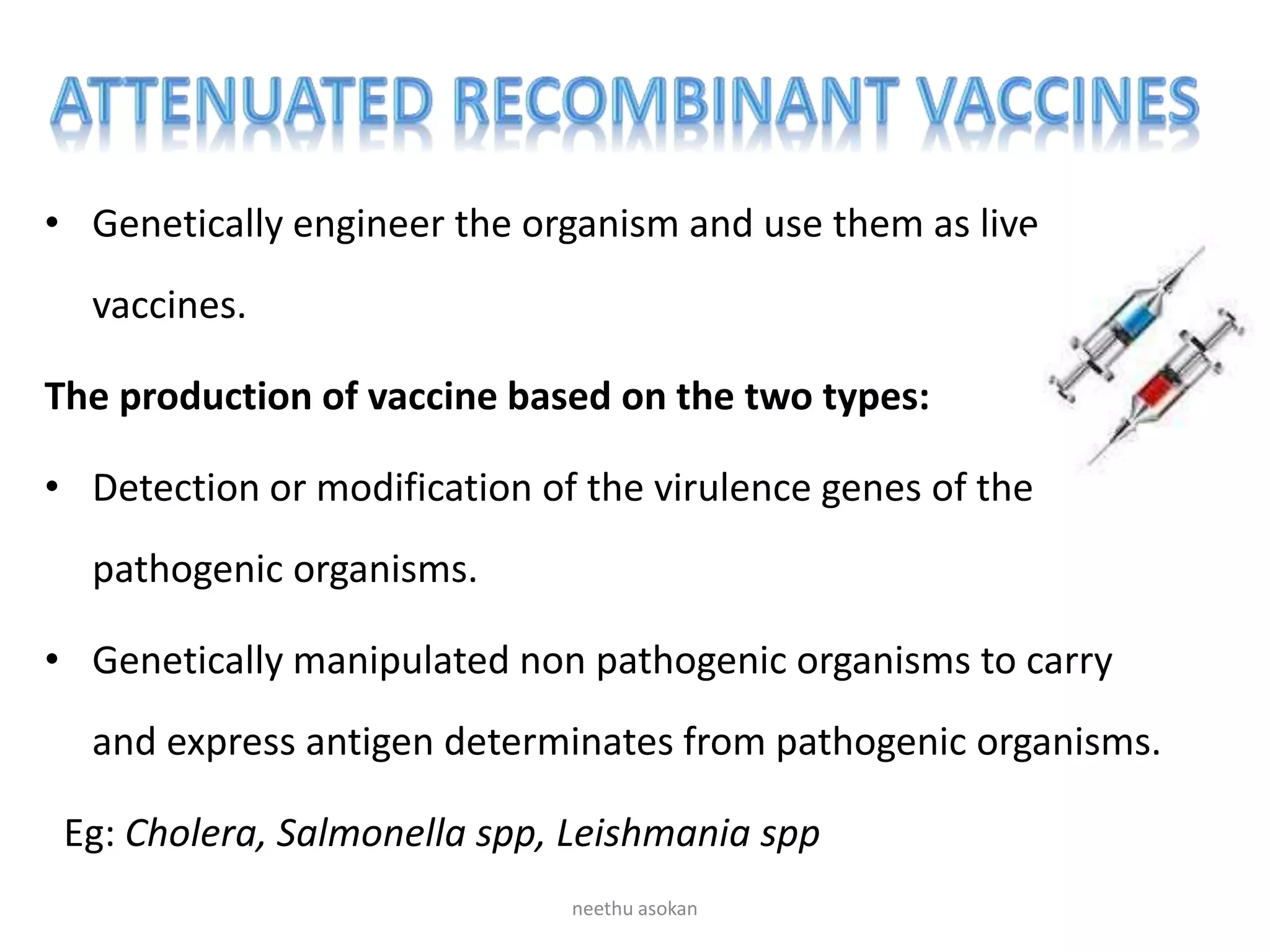 • Genetically engineer the organism and use them as live
vaccines.
The production of vaccine based on the two types:
• Detection or modification of the virulence genes of the
pathogenic organisms.
• Genetically manipulated non pathogenic organisms to carry
and express antigen determinates from pathogenic organisms.
Eg: Cholera, Salmonella spp, Leishmania spp
neethu asokan
 