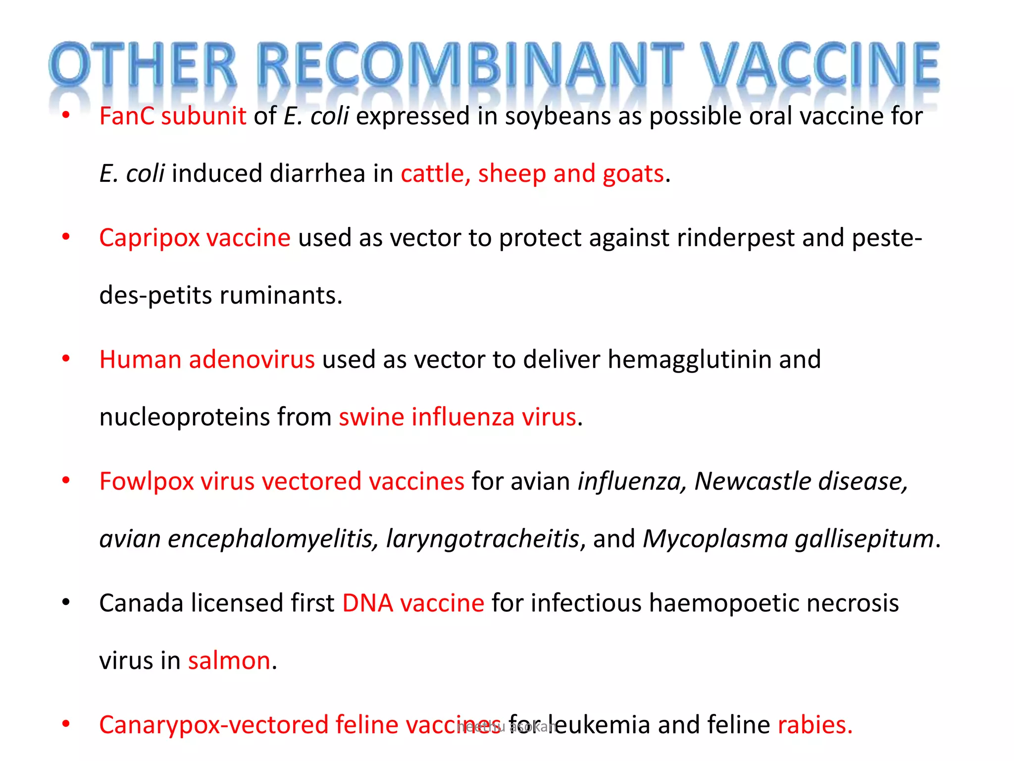 • FanC subunit of E. coli expressed in soybeans as possible oral vaccine for
E. coli induced diarrhea in cattle, sheep and goats.
• Capripox vaccine used as vector to protect against rinderpest and peste-
des-petits ruminants.
• Human adenovirus used as vector to deliver hemagglutinin and
nucleoproteins from swine influenza virus.
• Fowlpox virus vectored vaccines for avian influenza, Newcastle disease,
avian encephalomyelitis, laryngotracheitis, and Mycoplasma gallisepitum.
• Canada licensed first DNA vaccine for infectious haemopoetic necrosis
virus in salmon.
• Canarypox-vectored feline vaccines for leukemia and feline rabies.neethu asokan
 