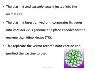 • The plasmid and vaccinia virus injected into the
animal cell.
• The plasmid insertion vector incorporates its genes
into vaccinia virus genome at a place encodes for the
enzyme thymidine kinase (TK).
• This replicate the vector recombinant vaccine and
purified the vaccine to use.
neethu asokan
 