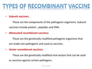 • Subunit vaccines:
These are the components of the pathogenic organisms. Subunit
vaccines include protein , peptides and DNA.
• Attenuated recombinant vaccines:
These are the genetically modified pathogenic organisms that
are made non-pathogenic and used as vaccines.
• Vector recombinant vaccines:
These are the genetically modified viral vectors that can be used
as vaccines against certain pathogens.
neethu asokan
 
