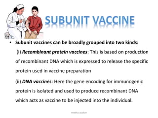 • Subunit vaccines can be broadly grouped into two kinds:
(i) Recombinant protein vaccines: This is based on production
of recombinant DNA which is expressed to release the specific
protein used in vaccine preparation
(ii) DNA vaccines: Here the gene encoding for immunogenic
protein is isolated and used to produce recombinant DNA
which acts as vaccine to be injected into the individual.
neethu asokan
 