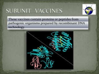 These vaccines contain proteins or peptides from
pathogenic organisms prepared by recombinant DNA
technology.
 