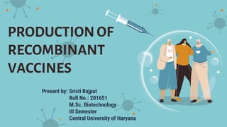 PRODUCTION OF
RECOMBINANT
VACCINES
Present by: Sristi Rajput
Roll No.: 201651
M.Sc. Biotechnology
III Semester
Central University of Haryana
 