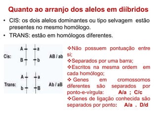 • CIS: os dois alelos dominantes ou tipo selvagem estão
presentes no mesmo homólogo.
• TRANS: estão em homólogos diferentes.
Quanto ao arranjo dos alelos em diíbridos
Não possuem pontuação entre
si;
Separados por uma barra;
Escritos na mesma ordem em
cada homólogo;
 Genes em cromossomos
diferentes são separados por
ponto-e-vírgula: A/a ; C/c
Genes de ligação conhecida são
separados por ponto: A/a . D/d
 