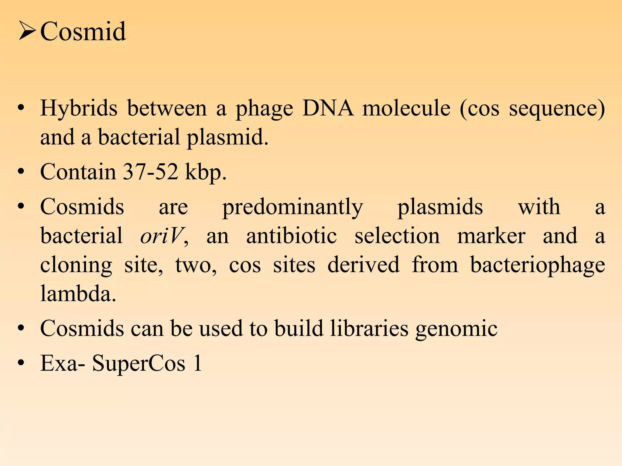 Cosmid
• Hybrids between a phage DNA molecule (cos sequence)
and a bacterial plasmid.
• Contain 37-52 kbp.
• Cosmids are predominantly plasmids with a
bacterial oriV, an antibiotic selection marker and a
cloning site, two, cos sites derived from bacteriophage
lambda.
• Cosmids can be used to build libraries genomic
• Exa- SuperCos 1
 
