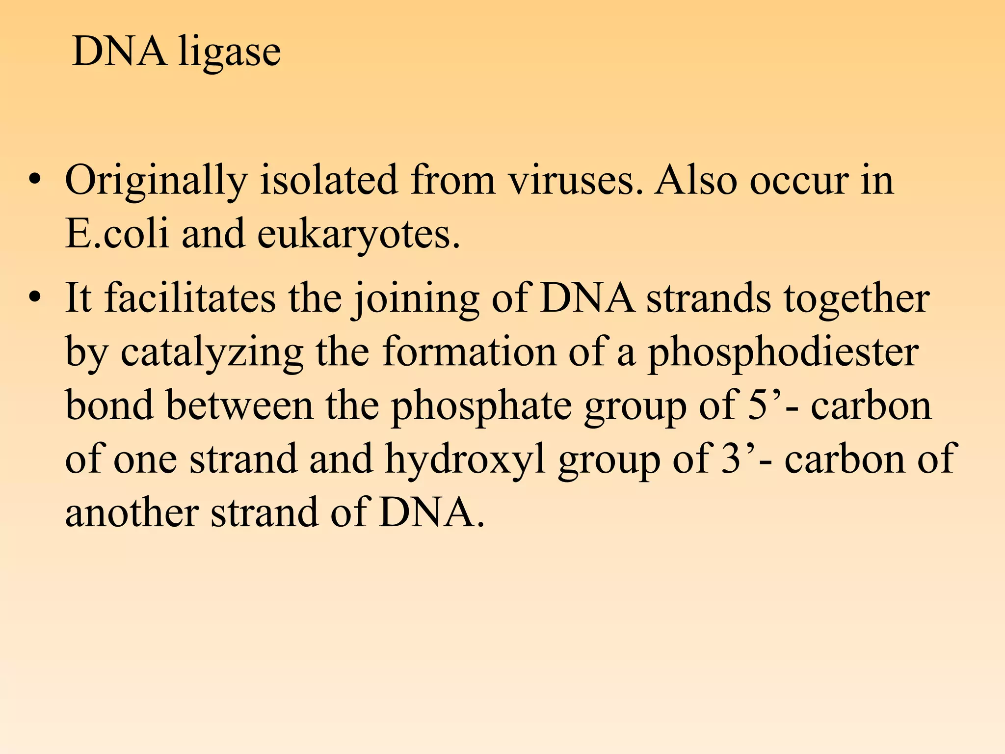 DNA ligase
• Originally isolated from viruses. Also occur in
E.coli and eukaryotes.
• It facilitates the joining of DNA strands together
by catalyzing the formation of a phosphodiester
bond between the phosphate group of 5’- carbon
of one strand and hydroxyl group of 3’- carbon of
another strand of DNA.
 