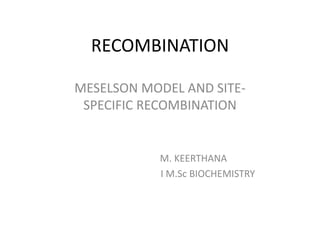 RECOMBINATION
MESELSON MODEL AND SITE-
SPECIFIC RECOMBINATION
M. KEERTHANA
I M.Sc BIOCHEMISTRY
 