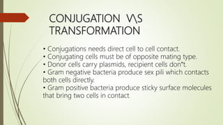 CONJUGATION VS
TRANSFORMATION
• Conjugations needs direct cell to cell contact.
• Conjugating cells must be of opposite mating type.
• Donor cells carry plasmids, recipient cells don‟t.
• Gram negative bacteria produce sex pili which contacts
both cells directly.
• Gram positive bacteria produce sticky surface molecules
that bring two cells in contact.
 