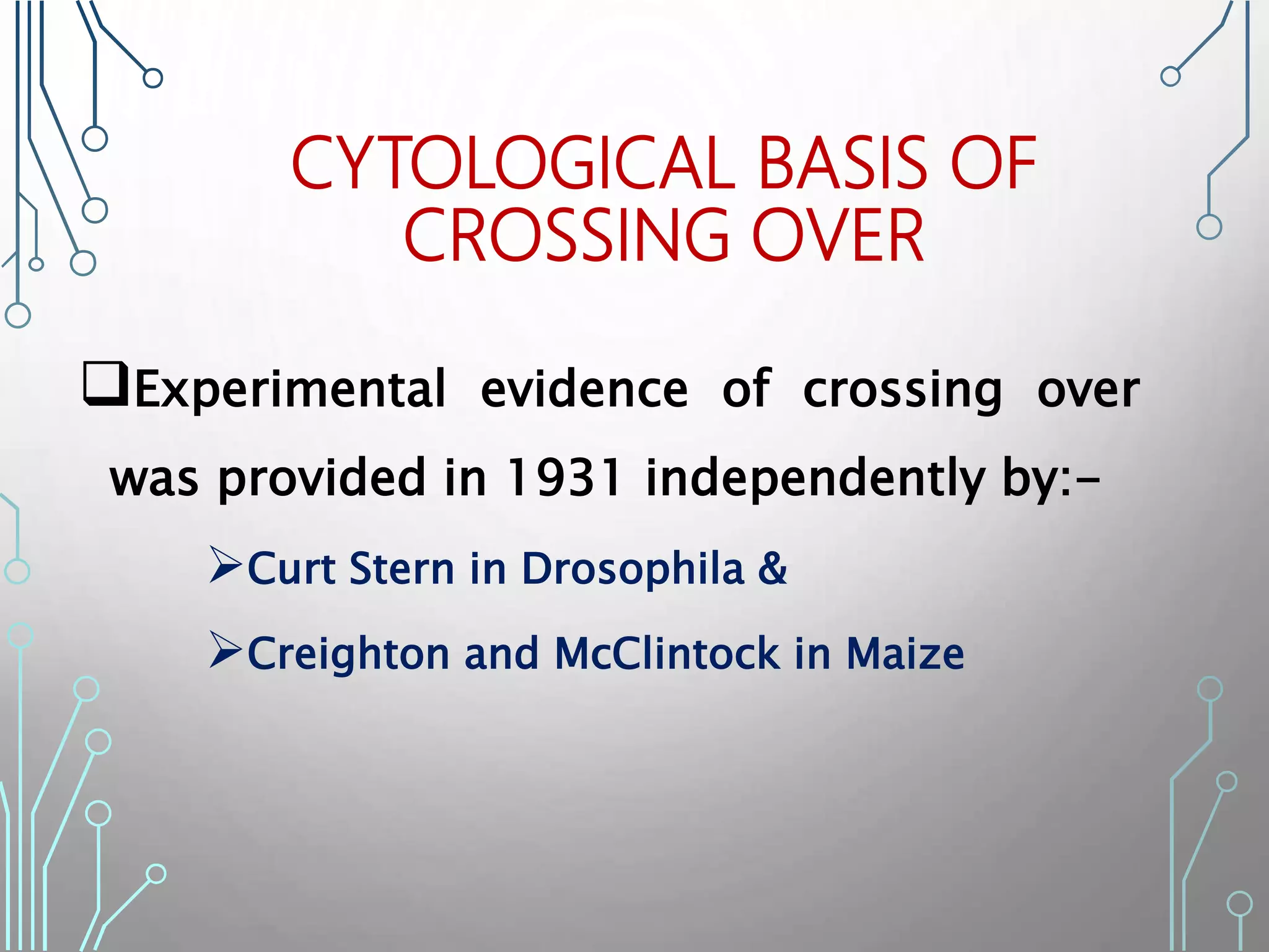 CYTOLOGICAL BASIS OF
CROSSING OVER
Experimental evidence of crossing over
was provided in 1931 independently by:-
Curt Stern in Drosophila &
Creighton and McClintock in Maize
 