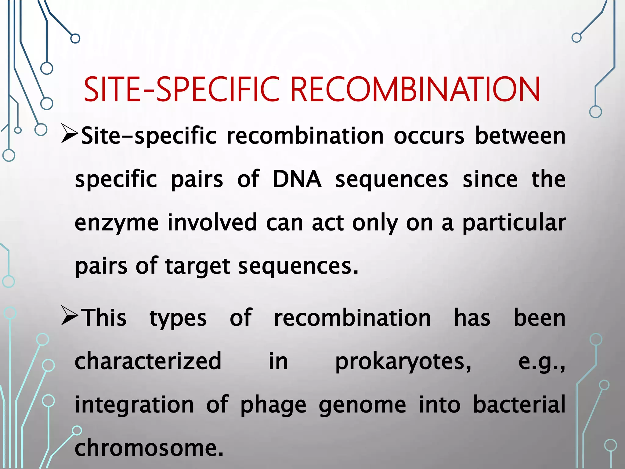 SITE-SPECIFIC RECOMBINATION
Site-specific recombination occurs between
specific pairs of DNA sequences since the
enzyme involved can act only on a particular
pairs of target sequences.
This types of recombination has been
characterized in prokaryotes, e.g.,
integration of phage genome into bacterial
chromosome.
 