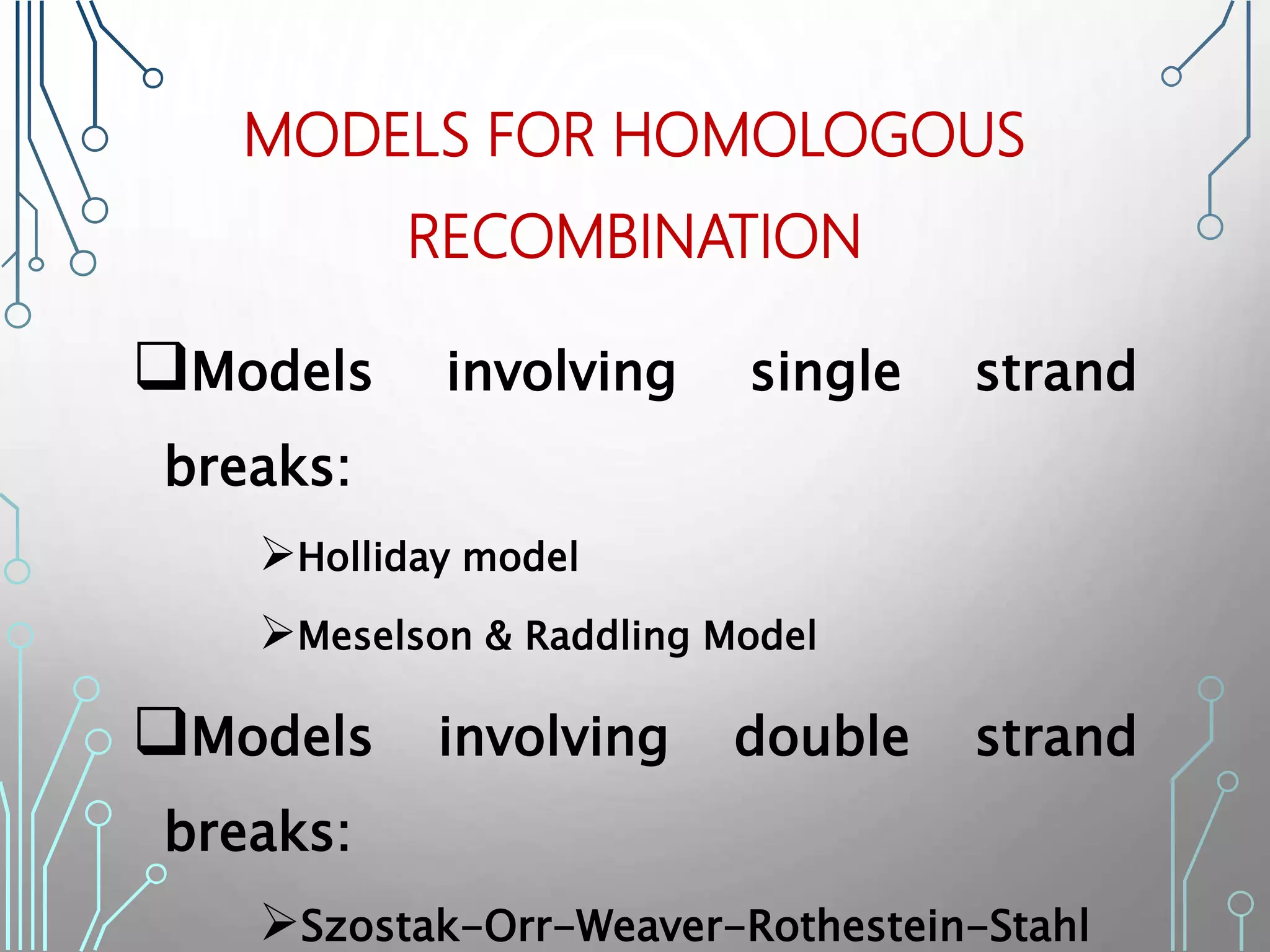 MODELS FOR HOMOLOGOUS
RECOMBINATION
Models involving single strand
breaks:
Holliday model
Meselson & Raddling Model
Models involving double strand
breaks:
Szostak-Orr-Weaver-Rothestein-Stahl
 
